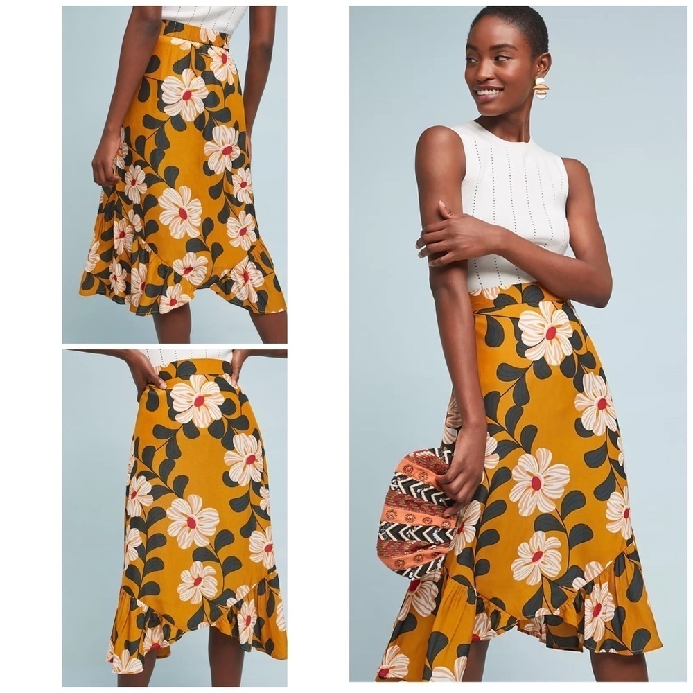 NWT ANTHROPOLOGIE Eva Franco Ikebana Floral Ruffle Yellow Midi Skirt 4